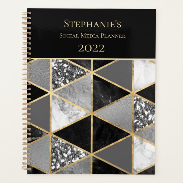 Personalised Geometric Black and White Marble  Pla Planner (Front)
