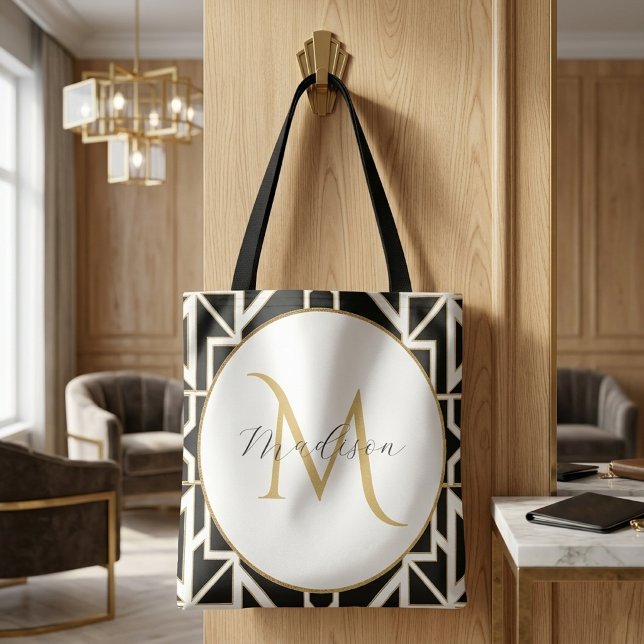 Personalised Geometric Black White Gold Monogram  Tote Bag (Creator Uploaded)