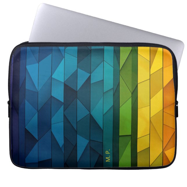 Personalised Geometric Blue and Teal Pattern Laptop Sleeve (Front)