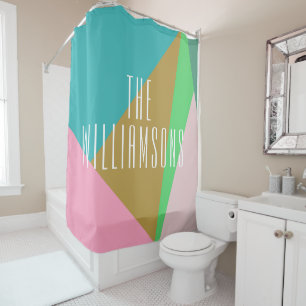 Personalised Geometric Colour Block Pink Teal Gree Shower Curtain