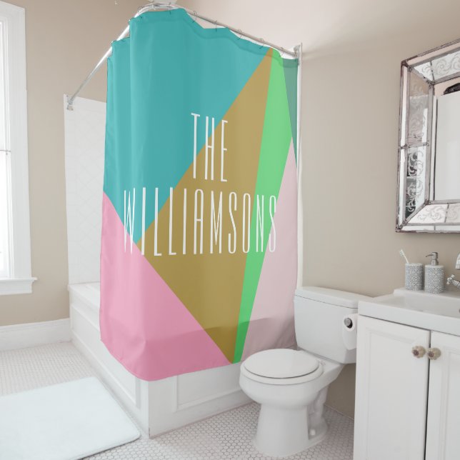Personalised Geometric Colour Block Pink Teal Gree Shower Curtain (In Situ)