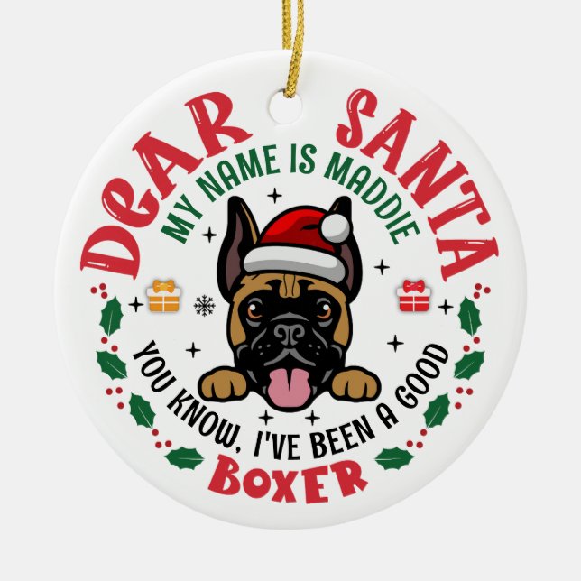 Personalised German Boxer Dog Christmas Tree Round Ceramic Ornament (Front)