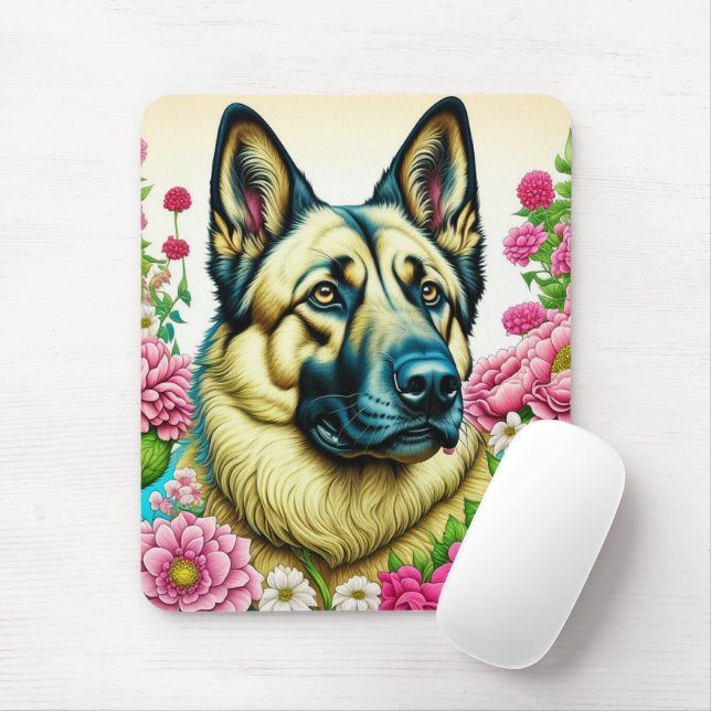 Personalised German Shepherd and Whimsical Flowers Mouse Pad (With Mouse)