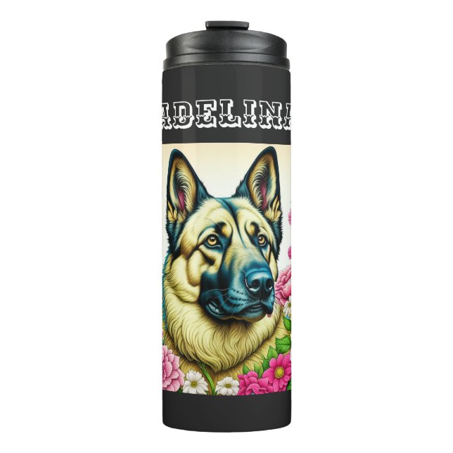 Personalised German Shepherd and Whimsical Flowers Thermal Tumbler (Front)