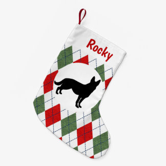 Personalised German Shepherd Red And Green Argyle Small Christmas Stocking
