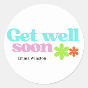 Personalised get well soon message floral white classic round sticker