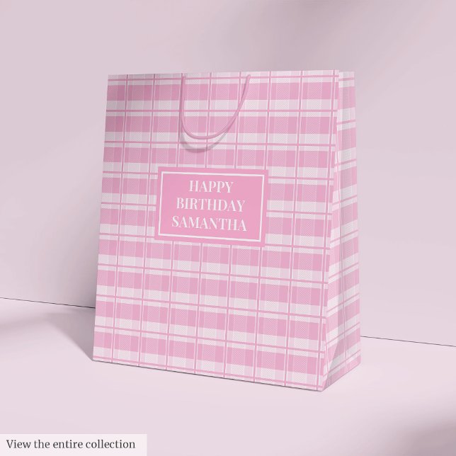 Personalised Gift Bag Classic Pink Plaid Accent (Personalized Gift Bag Classic Pink Plaid Accent)