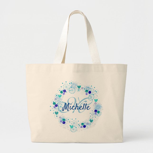 Personalised Gift Blue Name Monogram Unique Large Tote Bag (Front)