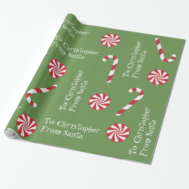 Personalised Gift From Santa Christmas Candy Green Wrapping Paper (Unrolled)