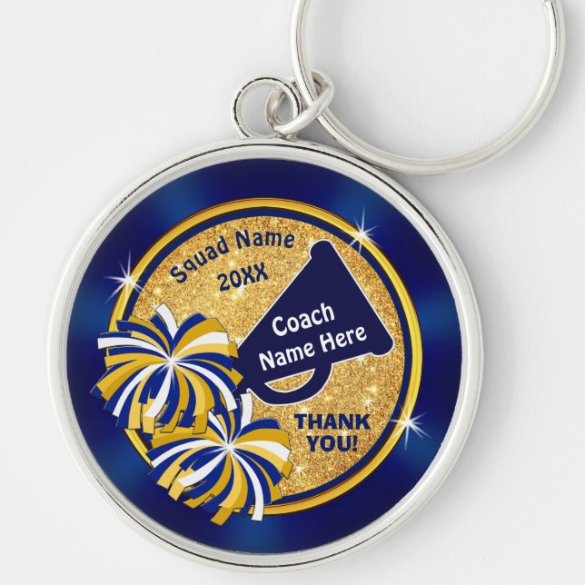 Personalised Gifts for a Cheer COACH, Blue, Gold Key Ring (Front)