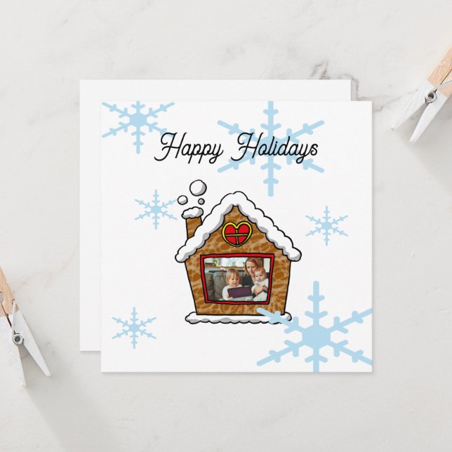 Personalised Gingerbread House Snowflakes Holidays Card (Front/Back In Situ)