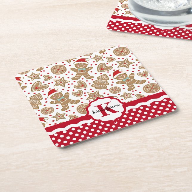 Personalised Gingerbread Man Christmas Square Paper Coaster (Angled)