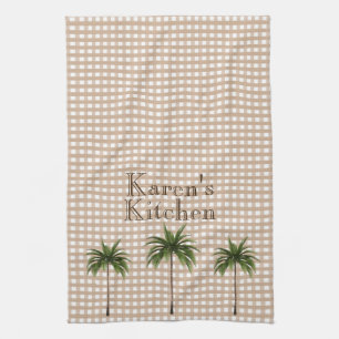 Personalised Gingham Check Green Palm Trees Tea Towel