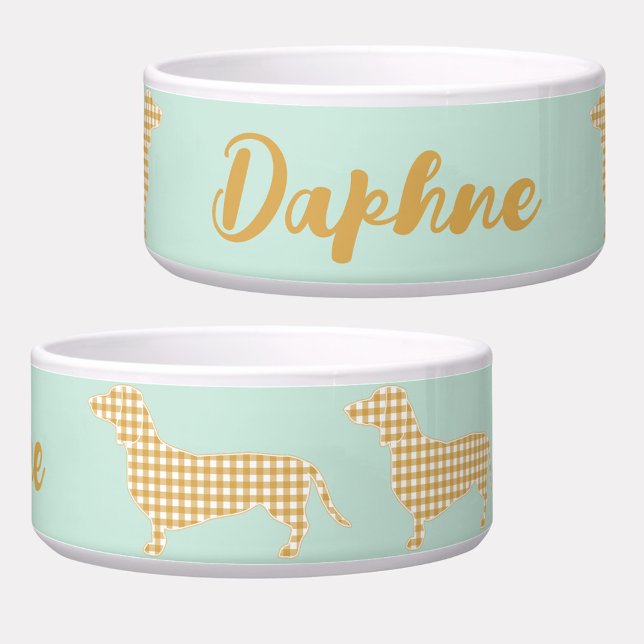 Personalised Gingham Dachshund Mint (Personalized Gingham Dachshund dog bowl with script name)