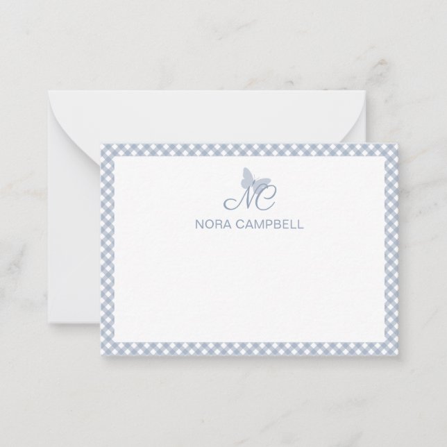 Personalised Gingham Dusty Blue Elegant Monogram Card (Front)