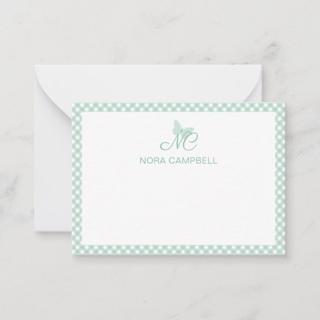 Personalised Gingham Mint Green Butterfly Monogram Card (Front)