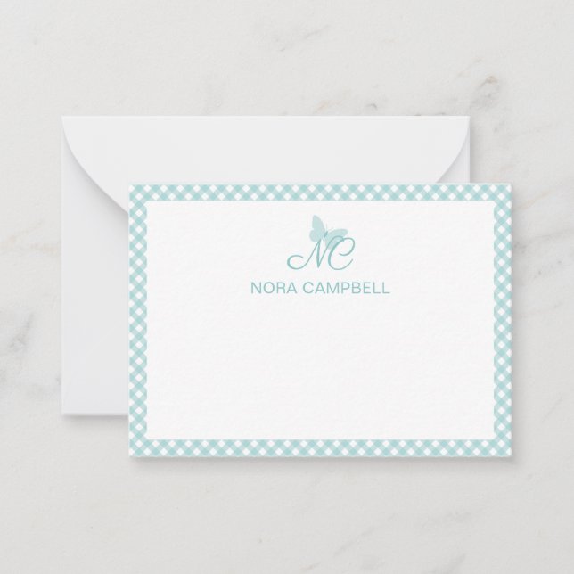 Personalised Gingham Turquoise Elegant Monogram Card (Front)