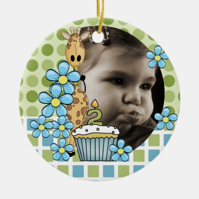 Personalised Giraffe 2nd Birthday Photo Ornament (Front)