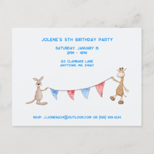 Personalised Giraffe and Kangaroo Birthday Party Postcard