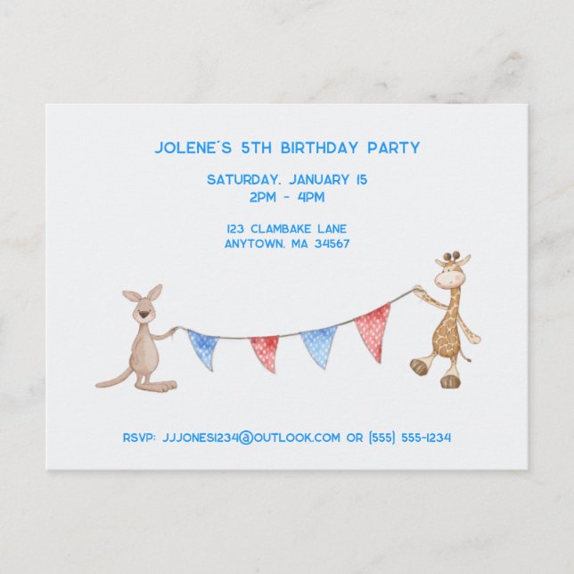 Personalised Giraffe and Kangaroo Birthday Party Postcard (Front)