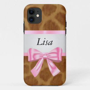 Personalised Giraffe Pattern Pink Bow iPhone 11 Case