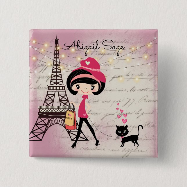 Personalised Girl and Cat in Paris Eiffel Tower 15 Cm Square Badge (Front)