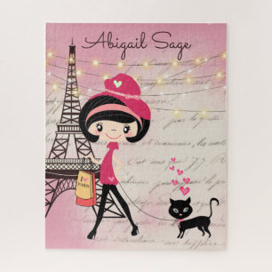 Personalised Girl and Cat in Paris Eiffel Tower Jigsaw Puzzle