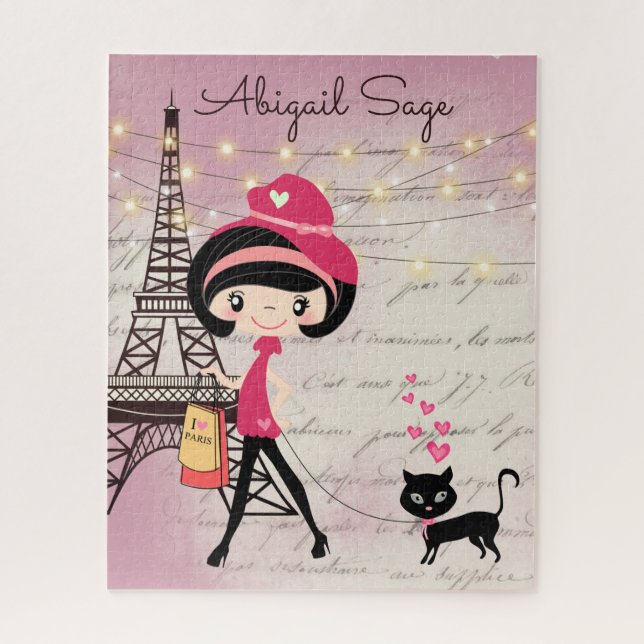 Personalised Girl and Cat in Paris Eiffel Tower Jigsaw Puzzle (Vertical)