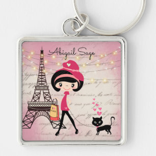Personalised Girl and Cat in Paris Eiffel Tower Key Ring