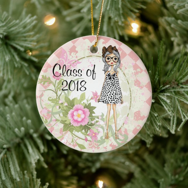 Personalised Girl and Flowers Graduation Christmas Ceramic Ornament (Tree)