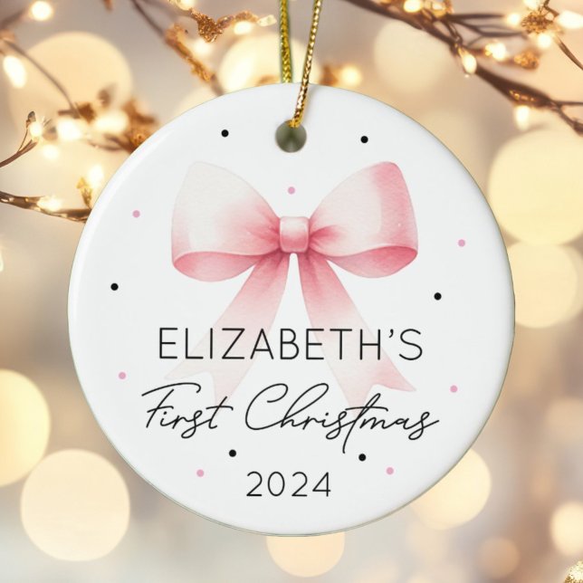 Personalised Girl Baby First Christmas Pink Bow Ceramic Ornament (Creator Uploaded)