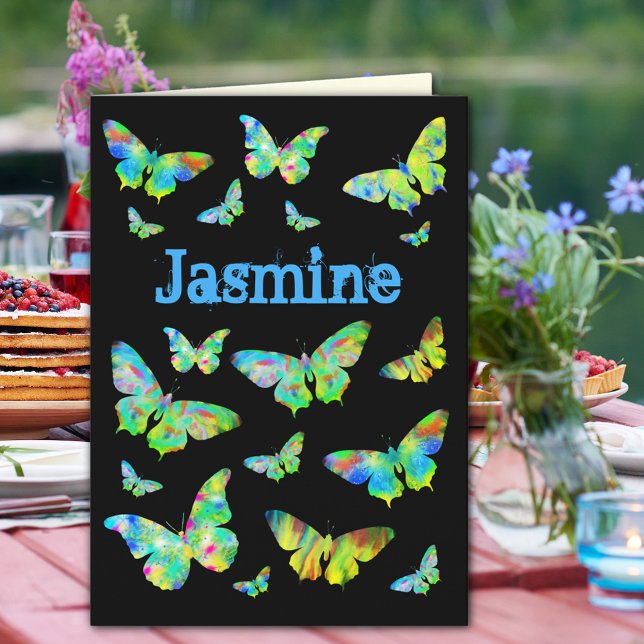 Personalised Girl Birthday Psychedelic Butterfly Card (Funky psychedelic butterflies on black add name personalized happy birthday greetings card)