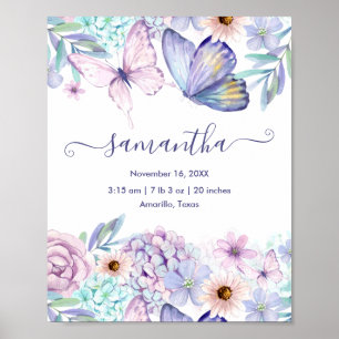 Personalised Girl Butterfly Floral Birth Stats Poster