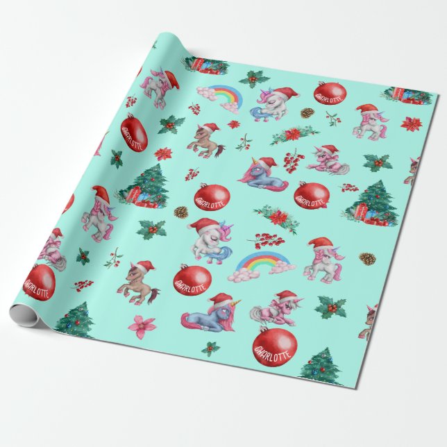 Personalised Girl Christmas Wrapping Paper Unicorn (Unrolled)