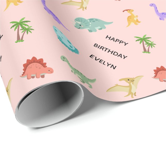 Personalised Girl Dinosaur  Wrapping Paper (Roll Corner)