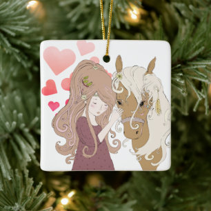 Personalised Girl, Horse and Hearts Christmas Ceramic Ornament