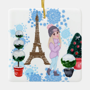 Personalised Girl in Paris Winter Eiffel Tower Ceramic Ornament