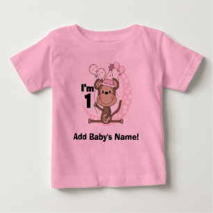 Personalised Girl Monkey in Party Hat 1st Birthday Baby T-Shirt