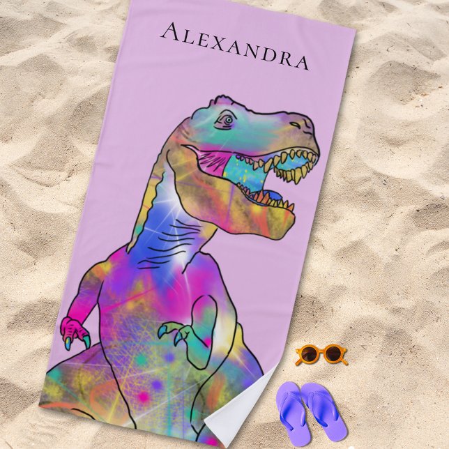 Personalised Girl Name Dinosaur Beach Towel (Personalized girl monogram name dinosaur beach towel colorful Jurassic T-Rex dino pink background
)