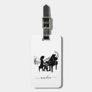Personalised Girl Pianist Silhouette Music Notes Luggage Tag