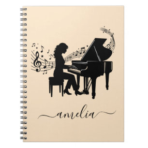 Personalised Girl Pianist Silhouette Music Notes Notebook