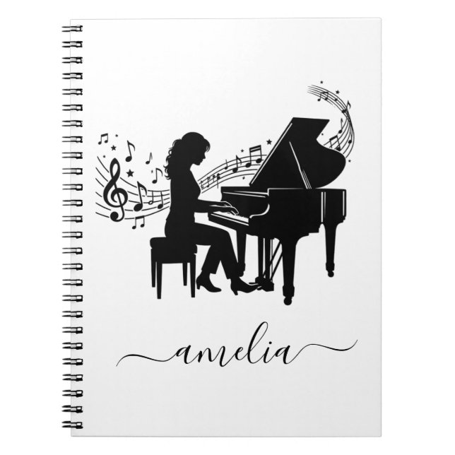 Personalised Girl Pianist Silhouette Music Notes   Notebook (Front)