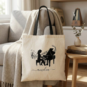 Personalised Girl Pianist Silhouette Music Notes   Tote Bag