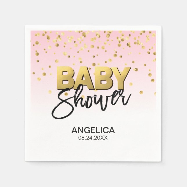 Personalised Girl Pink Gold Confetti Baby Shower Napkin (Front)