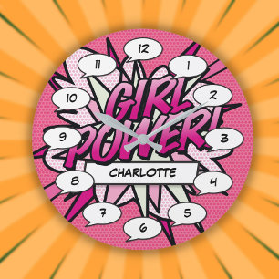 Personalised GIRL POWER Comic Book Pink Large Clock