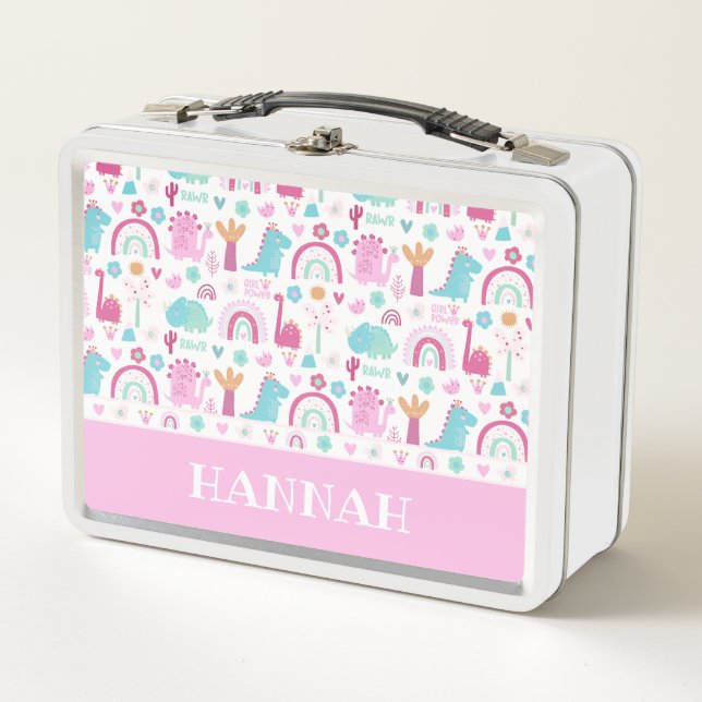 Personalised Girl Power Dinosaur Metal Lunch Box (Front)