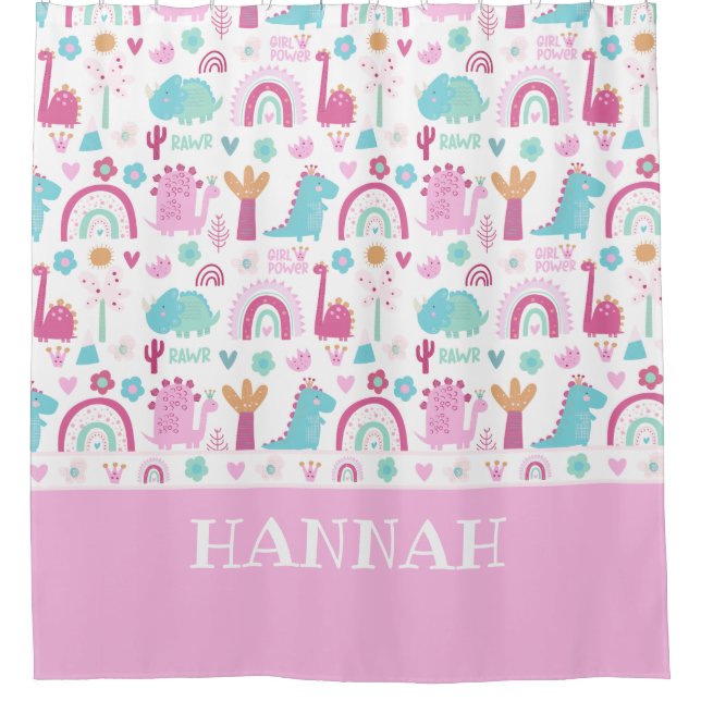 Personalised Girl Power Dinosaur Shower Curtain (Front)