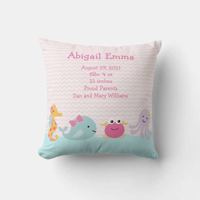 Personalised Girl Sea Critters Pillow Keepsake (Front)