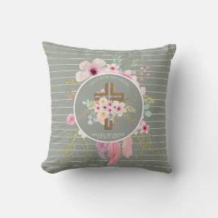 Personalised Girls BAPTISM - Floral Cross Sage Cushion