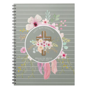 Personalised Girls BAPTISM - Floral Cross Sage Notebook